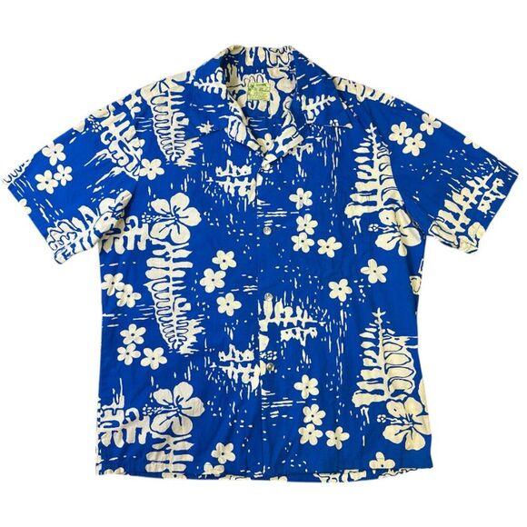 Vintage Ui Maikai Hawaiian Shirt Made in Hawaii 60s Blue White Floral